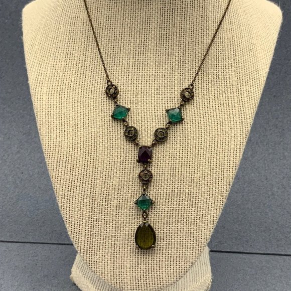 Bronze Multicolor Y-drop Necklace Turquoise Maroon Peach Rhinestone - Picture 1 of 5